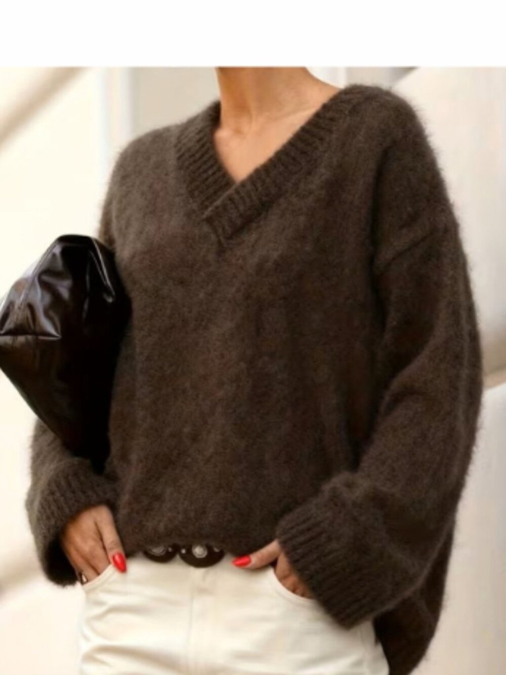 NEW FW2026 Brown V-neck Wool Blend Sweater L-XL